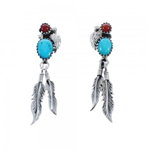 Turquoise And Coral Leaf And Feather Navajo Sterling Silver Post Dangle Earrings JX128391