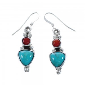 Turquoise And Coral Navajo Sterling Silver Hook Dangle Earrings JX128435