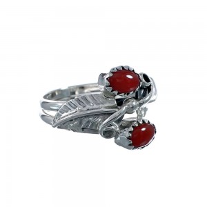 Navajo Coral Authentic Sterling Silver Leaf Ring Size 6-1/2 AX128264