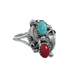 Sterling Silver Navajo Turquoise Coral Leaf Design Ring Size 8 AX128252