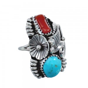 Authentic Sterling Silver Navajo Turquoise Coral Leaf Design Ring Size 6 AX128330