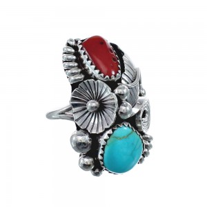 Authentic Sterling Silver Navajo Turquoise Coral Leaf Design Ring Size 5-1/4 AX128331