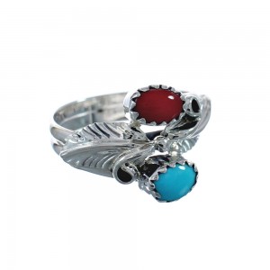 Sterling Silver Leaf Navajo Turquoise And Coral Ring Size 6-1/4 AX128322