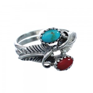 Native American Coral And Turquoise Silver Leaf Ring Size 7-1/4 AX128727