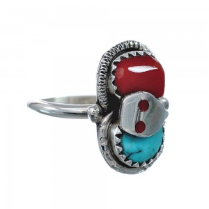 Zuni Sterling Silver Snake Turquoise Coral Ring Size 6-1/2 AX128562