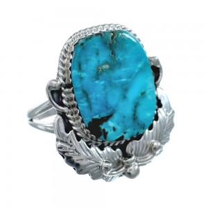 Scalloped Leaf Sterling Silver Turquoise Navajo Ring Size Size 9-1/4 AX128468
