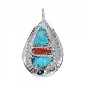 Native American Zuni Turquoise Coral Sterling Silver Snake Pendant AX128753