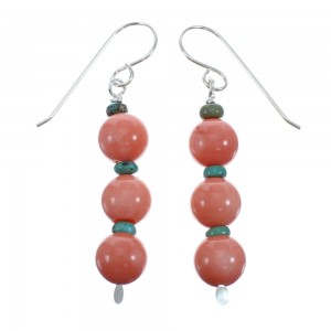 Sterling Silver Turquoise Pink Coral Bead Hook Dangle Earrings JX128488