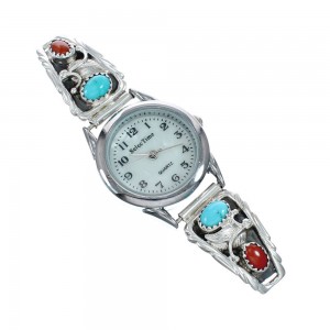 Navajo Sterling Silver Leaf Turquoise And Coral Watch JX128941