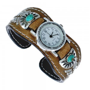 Authentic Navajo Turquoise Sterling Silver Brown Leather Cuff Watch JX128694