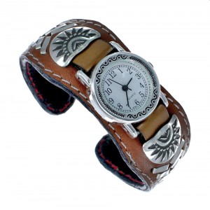 Authentic Navajo Sterling Silver Brown Leather Cuff Watch JX128695