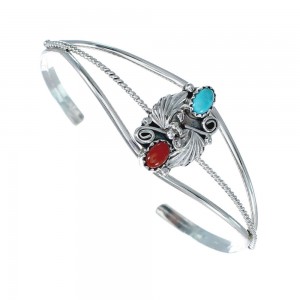 Sterling Silver Turquoise And Coral Navajo Leaf And Flower Cuff Bracelet JX128763