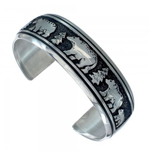 Navajo Authentic Sterling Silver Bear Cuff Bracelet JX128773