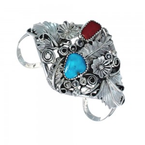 Sterling Silver Turquoise And Coral Navajo Leaf And Flower Cuff Bracelet JX128789