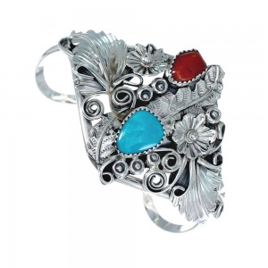 Sterling Silver Turquoise And Coral Navajo Leaf And Flower Cuff Bracelet JX128791