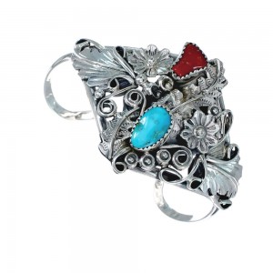 Sterling Silver Turquoise And Coral Navajo Leaf And Flower Cuff Bracelet JX128792