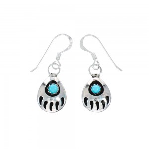 Authentic Sterling Silver Turquoise Bear Paw Navajo Hook Dangle Earrings AX129148
