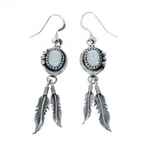 Feather Opal Sterling Silver Native American Hook Dangle Earrings AX129152