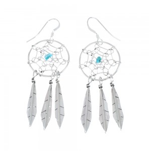 Navajo Sterling Silver Turquoise Dream Catcher Feather Hook Dangle Earrings AX129127