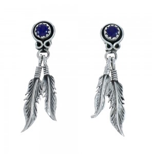 Navajo Sterling Silver Lapis Feather Post Dangle Earrings AX129117