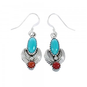 Native American Sterling Silver Turquoise Coral Leaf Hook Dangle Earrings AX129215