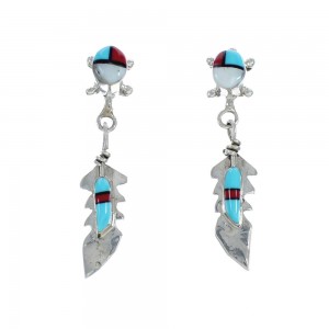 Native American Navajo Multicolor Sterling Silver Feather Post Dangle Earrings AX129141