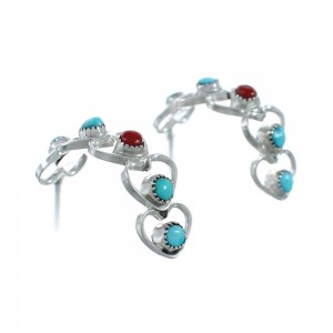 Native American Turquoise And Coral Genuine Sterling Silver Heart Post Hoop Earrings AX129214