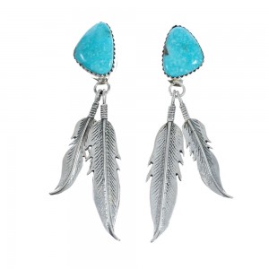 Turquoise Sterling Silver Feather Navajo Post Dangle Earrings AX129218