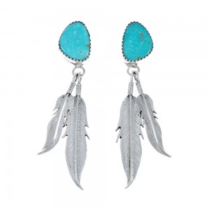 Turquoise Sterling Silver Feather Navajo Post Dangle Earrings AX129222