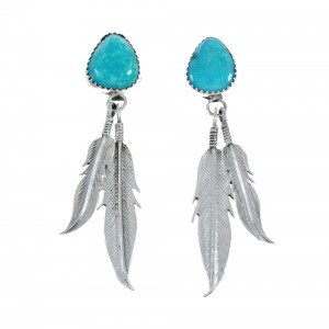 Turquoise Sterling Silver Feather Navajo Post Dangle Earrings AX129223