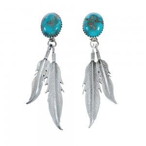Turquoise Sterling Silver Feather Navajo Post Dangle Earrings AX129224