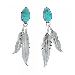 Turquoise Sterling Silver Feather Navajo Post Dangle Earrings AX129225
