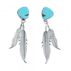 Turquoise Sterling Silver Feather Navajo Post Dangle Earrings AX129227