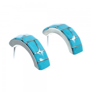 Zuni Sterling Silver Turquoise Inlay Post Hoop Earrings JX128927