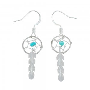 Turquoise Sterling Silver Navajo Dream Catcher Feather Hook Dangle Earrings JX128911