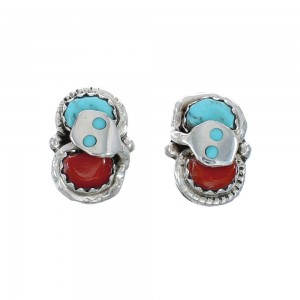 Turquoise Coral Zuni Effie Calavaza Silver Snake Post Earrings JX128913