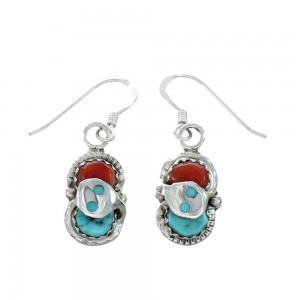 Turquoise Coral Zuni Effie Calavaza Silver Snake Hook Earrings JX128916
