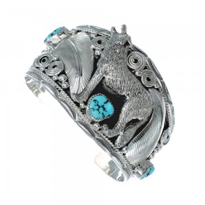 Navajo Sterling Silver Turquoise Wolf Leaf Cuff Bracelet JX128817