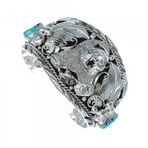 Navajo Sterling Silver Turquoise Bear Leaf Cuff Bracelet JX128818