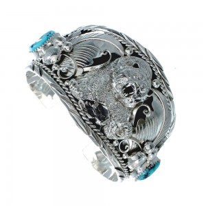 Navajo Sterling Silver Turquoise Bear Leaf Cuff Bracelet JX128822