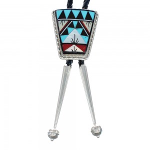 Native American Zuni Sterling Silver Multicolor Inlay Bolo Tie JX129078