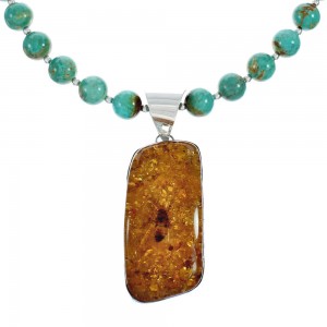 Native American Turquoise and Amber Bead Sterling Silver Necklace JX129246