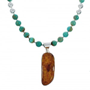 Native American Turquoise and Amber Bead Sterling Silver Necklace JX129248