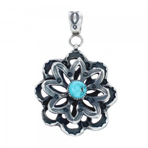 Turquoise Navajo Old Pawn Style Flower Sterling Silver Pendant AX129371