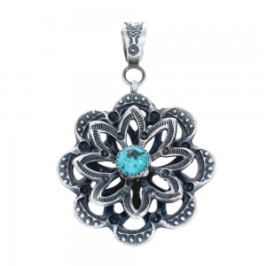 Turquoise Navajo Old Pawn Style Flower Sterling Silver Pendant AX129372