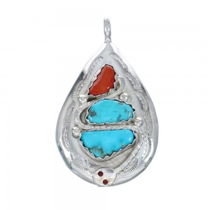 Native American Zuni Turquoise Coral Sterling Silver Snake Pendant AX129374