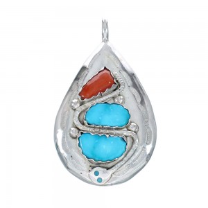 Native American Zuni Turquoise Coral Sterling Silver Snake Pendant AX129375