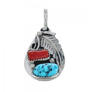 Sterling Silver Turquoise And Coral Leaf Pendant AX129399
