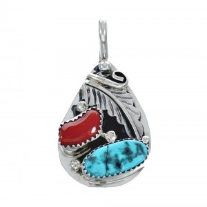 Sterling Silver Turquoise And Coral Leaf Pendant AX129400