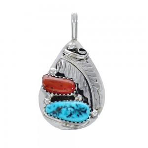 Sterling Silver Turquoise And Coral Leaf Pendant AX129401